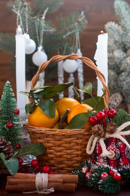 New Year's tangerines in a wicker basket Festive atmosphere