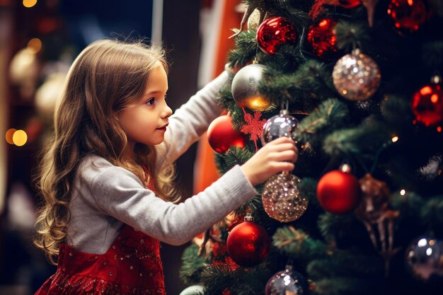 New Year's tradition a child decorates the Christmas tree with toys