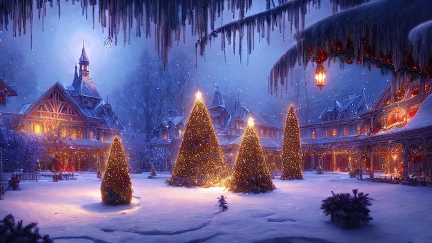 장식 된 크리스마스 트리 조명 화환이있는 새해 겨울 정원 축제 새해 장식 축제 도시 크리스마스 등불 장식 거리 겨울 눈 엽서 3D 일러스트