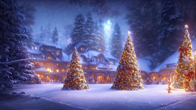 장식 된 크리스마스 트리 조명 화환이있는 새해 겨울 정원 축제 새해 장식 축제 도시 크리스마스 등불 장식 거리 겨울 눈 엽서 3D 일러스트