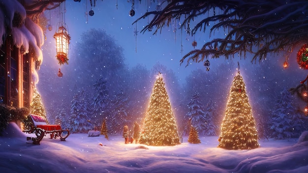 Giardino d'inverno di capodanno con alberi di natale decorati, luci, ghirlande.