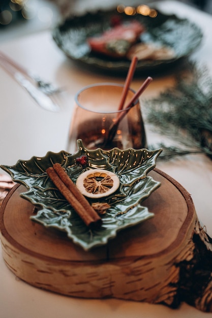 New Year's wooden table setting