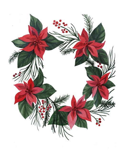 Photo new year s wreath of poinsettia flowers  watercolor drawing on a white background