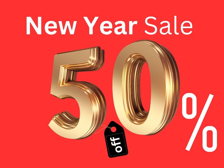 Photo 새해 할인 50% 황금 숫자 하 텍스트와 빨간 배경