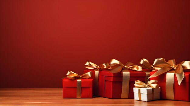 New Year Sale Concept with Gift Boxes on Red Bokeh Background with Copy Space