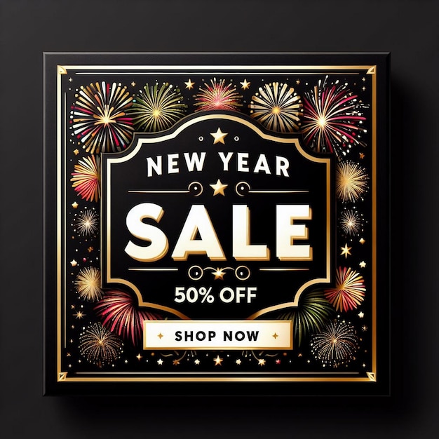 New Year Sale up to 50 per off festive New Year sale advertisement