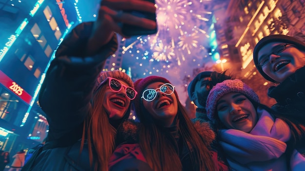 New Year selfie in 2025 glasses against city fireworks 2025 countdown