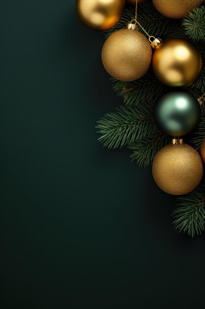 New Year a special Christmas installation of Christmas tree branches and golden balls space for text