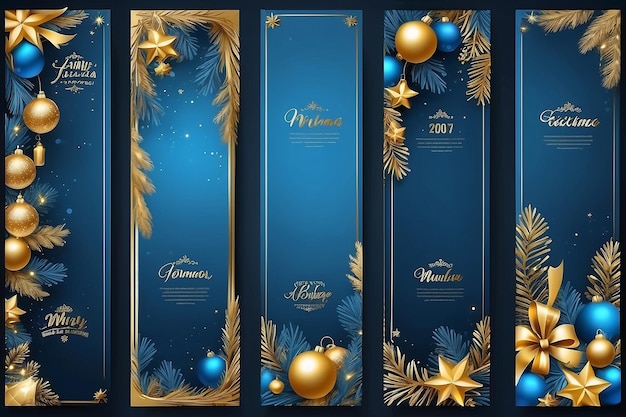 New Year Stories template Set vertical Xmas banner Realistic blue and golden Christmas elements