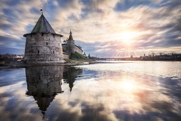 New Year sun over the river at the the Pskov fortress