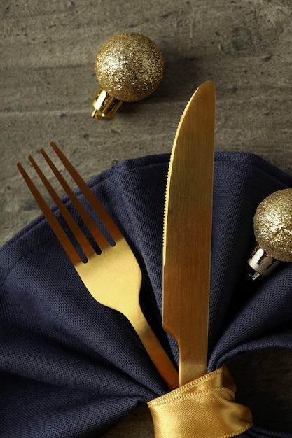 New Year table setting on gray textured Ã¢ÂÂbackground.