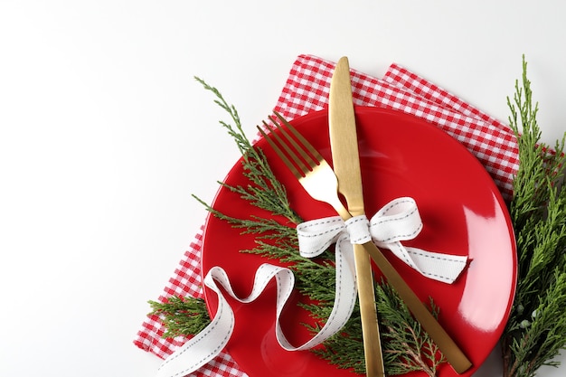 New Year table setting on white background.