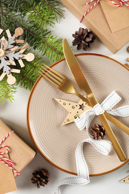 New Year table setting on white Ã¢ÂÂbackground.