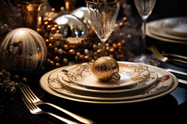New year table setting with black and golden decorations for festive dinner or night party close up