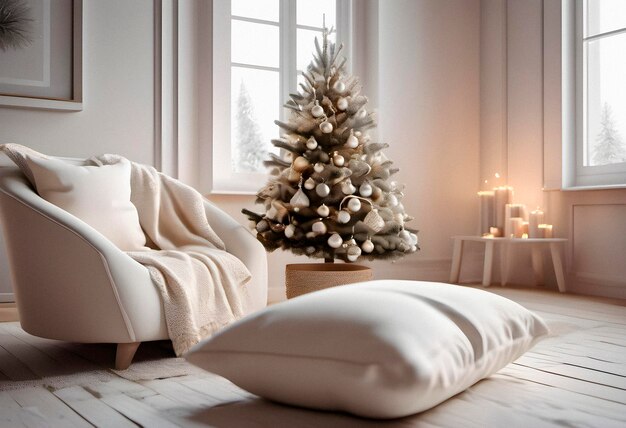 Photo new year tree and christmas decoration in cosy light living room with sofa in white and creamy color