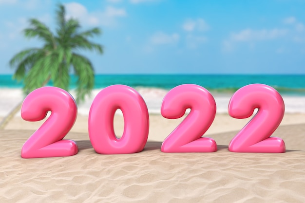 年末年始のコンセプト。ピンク2022年明けましておめでとうございます海の砂漠の海岸の極端なクローズアップにサインします。 3Dレンダリング