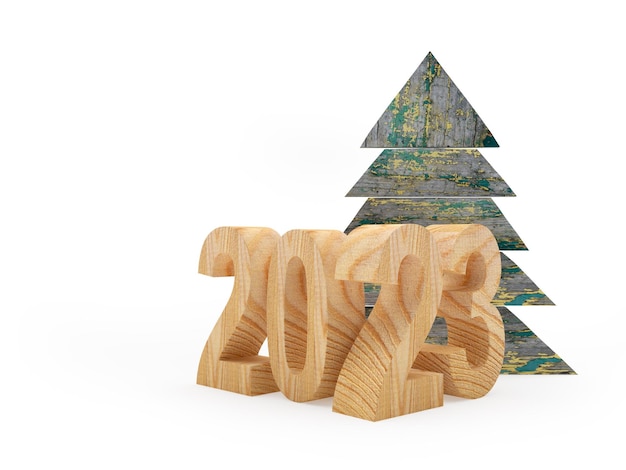 New Year wooden number with Christmas tree icon