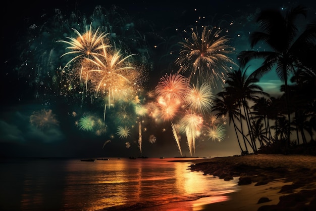 열대 섬에서 새해 축하 불꽃놀이