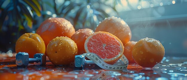 Foto la risoluzione del nuovo anno per mangiare sano perdere peso e entrare in una palestra per mangiare frutta fresca per usare manubri per il fitness e un nastro di misurazione e per vivere uno stile di vita sano