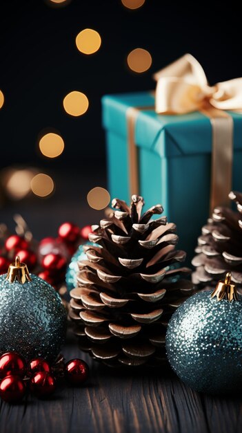 new years background with pine cones christmas balls and gifts