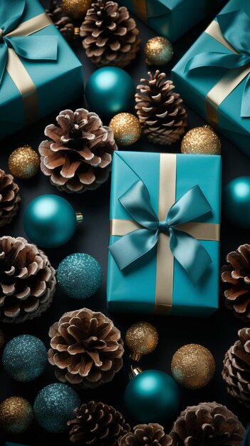 new years background with pine cones christmas balls and gifts