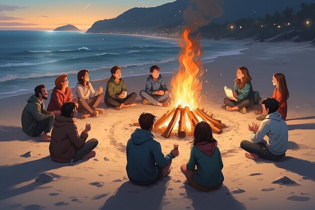 Photo new years beach bonfire with friends