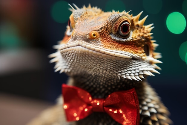 New Years Bearded Dragon lizard sporting a festive holiday bow tie