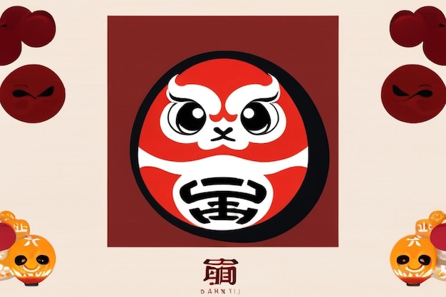 New Years card template of cute Daruma doll FUKU means lucky