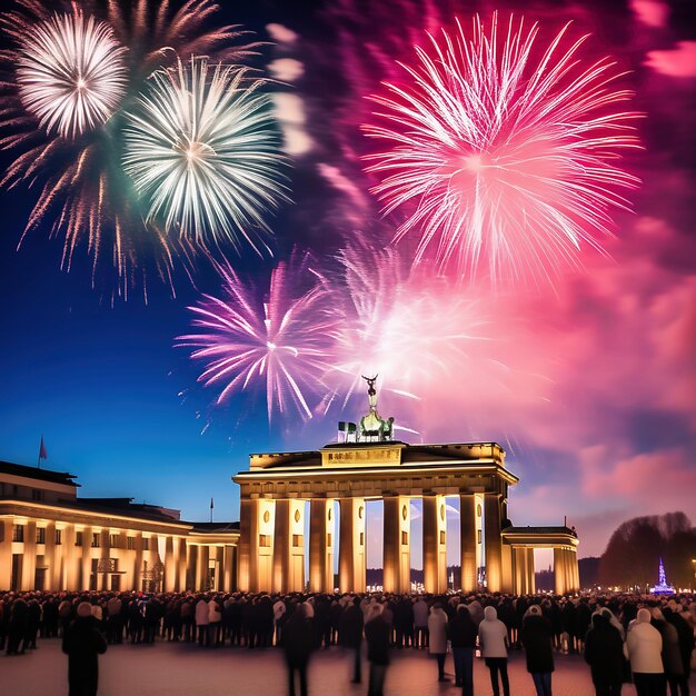 ブランデンブルク・ゲートの新年の夜 ベルリンの空の新年の花火