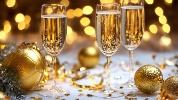 new years eve champagne glasses filled with bright festive holiday lights