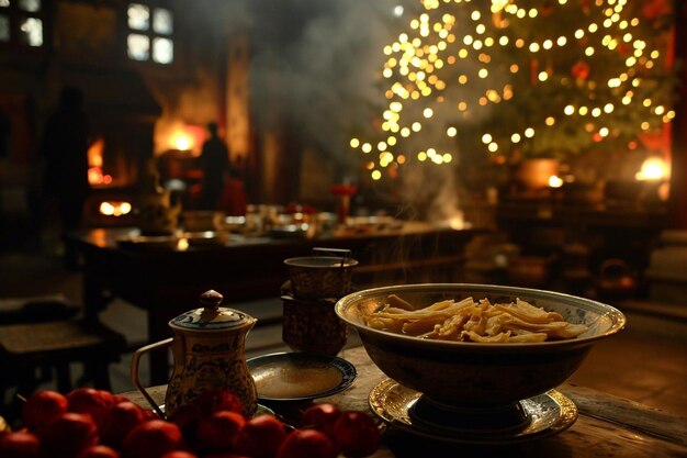 New years eve dinner scene with various food and hot pot in the background