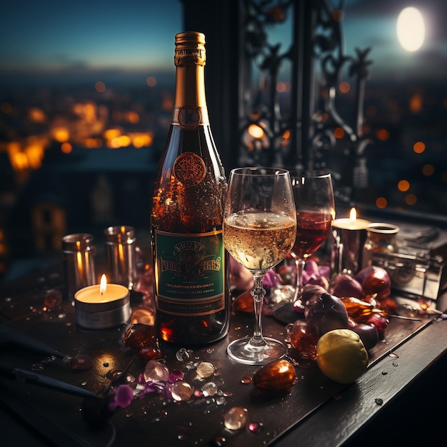 Foto vigilia di capodanno scoppiando una bottiglia di champagne sul balcone con fuochi d'artificio sullo sfondo colorato
