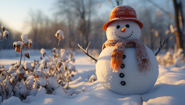 写真 新年の夜 スノーマンと雪のデザイン 寒い喜びで季節を祝う 魅力的なスノーマン