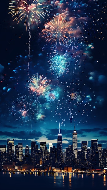 New Years Eve with colorful Fireworks over New York City skyline long exposure