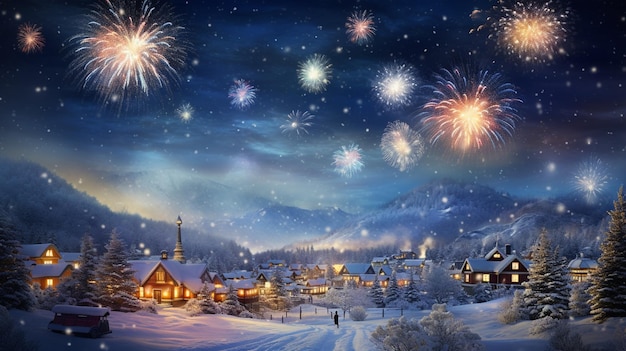 Фото Новогодние фейерверки над снежным ландшафтом