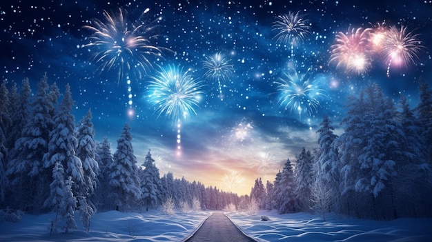 Photo new years fireworks over a snowy landscape