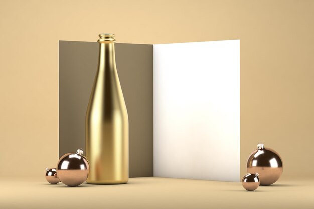 Photo new years invitation mockup with bottle of champagne and christmas balls