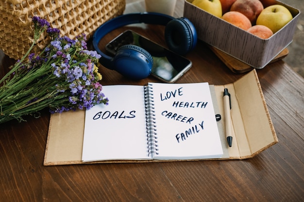 Photo new years resolutions goals motivational phrase in open notebook on the table outdoor still life