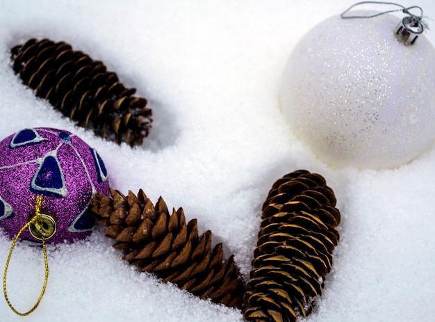 New years toy and cones lie in the snow