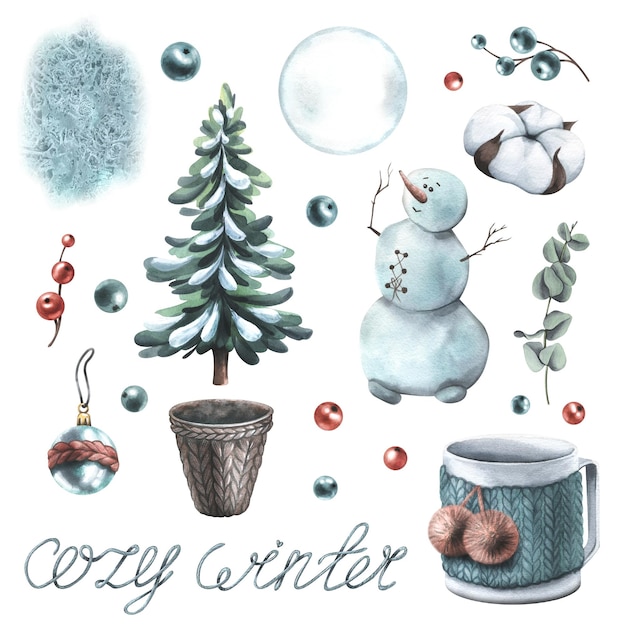 New years watercolor stickers clipart with a christmas tree a snowman