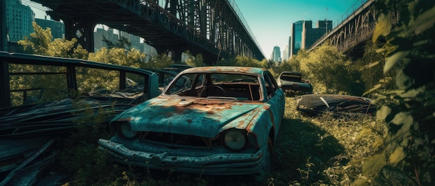 New York Army truck post apocalyps landschap breedbeeld adondoned poster foto regen groen nacht