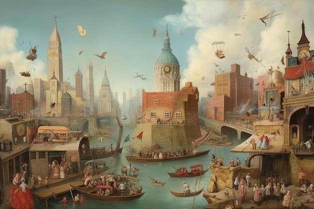 New York City als geschilderd door hieronymus bosch grotesken en Nederlandse symboliek illustratie generatieve ai