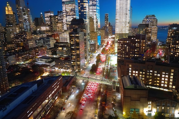 뉴욕 시의 유명한 야간 전망 뉴욕 시의 위에서 야간 뉴욕 파노라마 뉴욕 스카이라인