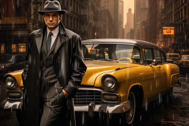 Нью-йоркский гангстер Итальянская мафия Шапочка Дождливый день Такси на заднем плане