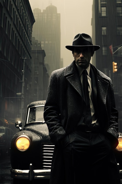 Фото Нью-йоркский гангстер итальянская мафия шапочка дождливый день такси на заднем плане