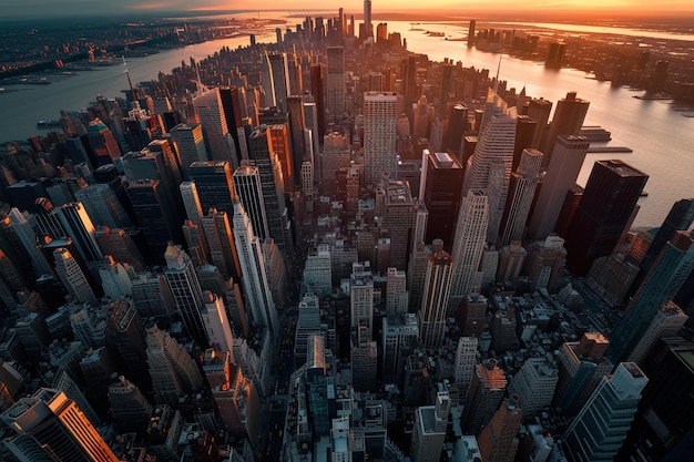 뉴욕의 맨해튼 시내의 초고층 빌딩은 AI로 생성된 해가 지는 모습입니다.