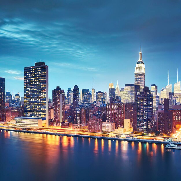 황혼 무렵 뉴욕 맨해튼 미드타운 파노라마와 이스트 강 위로 조명이 켜진 고층 빌딩