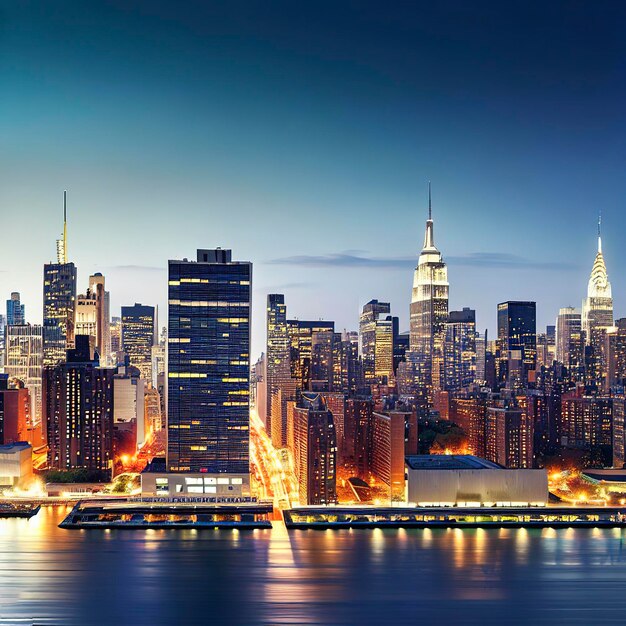 New york city manhattan midtown panorama at dusk with skyscrapers illuminated over east river