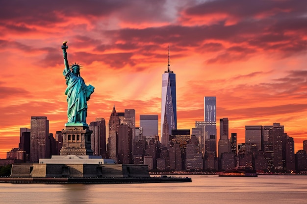 New York City Manhattan skyline panorama at sunset with Statue of Liberty Statue Liberty and New York city skyline at sunset AI Generated