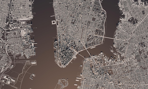 New york city map d rendering aerial satellite view